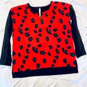 Kensie Red Leopard Faux Leather Sleeve Date Night Top, Sz M